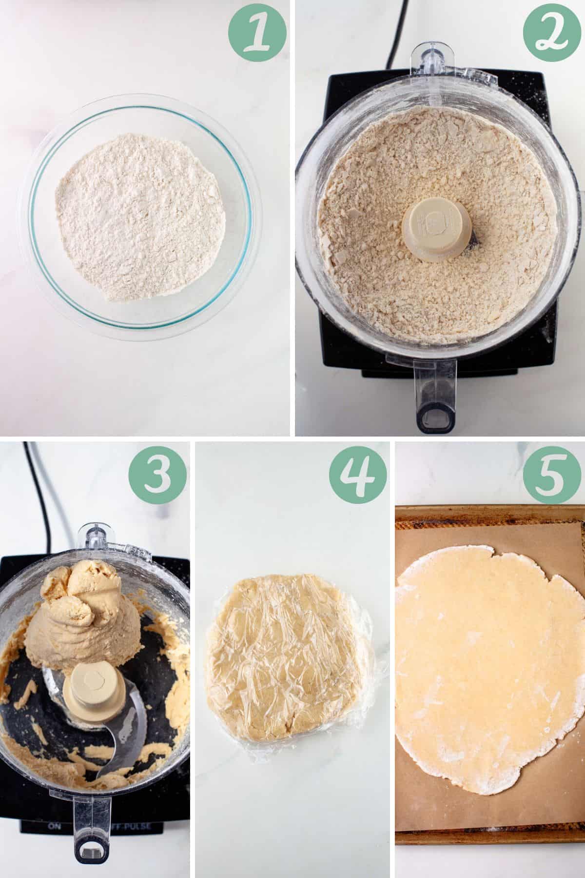 step by step graphic of how to make strawberry rhubarb galette; steps 1-5. 