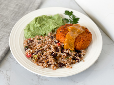 Salmon Cake over Rice Pilaf with Spinach Cauliflower Puree